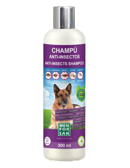 Champú anti-insectos para perros con margosa, geraniol y lavandino menforsan