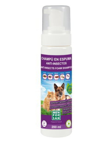 Champú espuma anti-insectos para perros con margosa, geraniol y lavandino menforsan