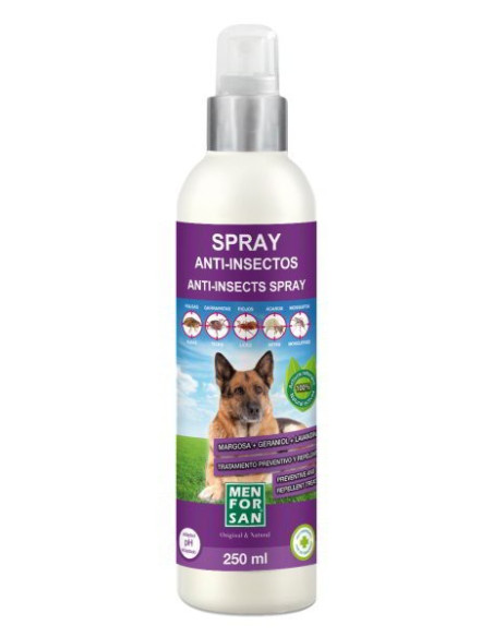 Spray anti-insectos para perros con margosa, geraniol y lavandino menforsan