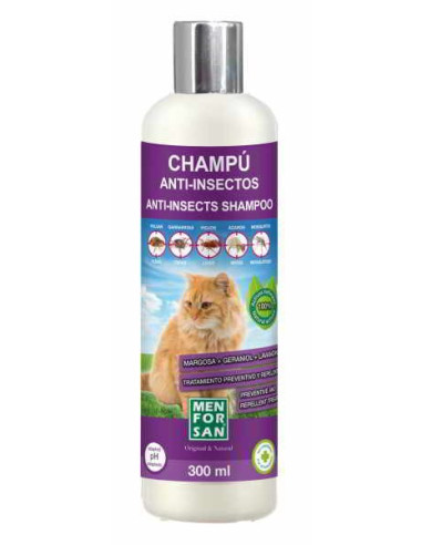 Champú anti-insectos para gatos con margosa, geraniol y lavandino menforsan