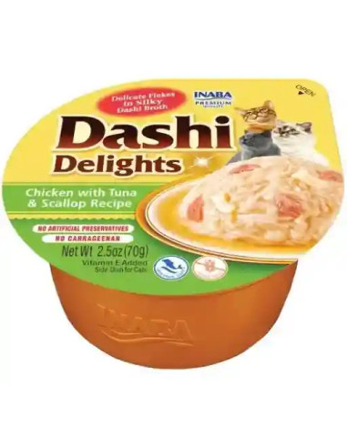 Dashi Delights Pollo y atún con vieira para gatos